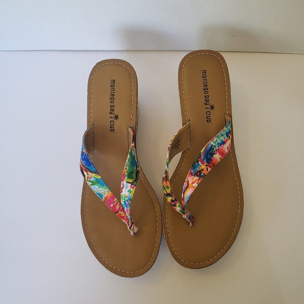 Montego Bay Club Cork Wedge Thong Flip Flop Floral Sandal Women's Size US 8